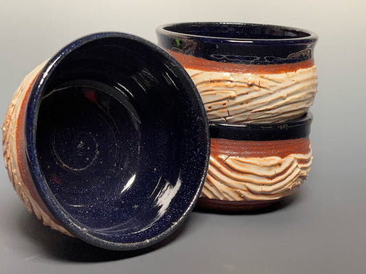 Small Slip Textured Bowls in Shino and Cobalt Blue